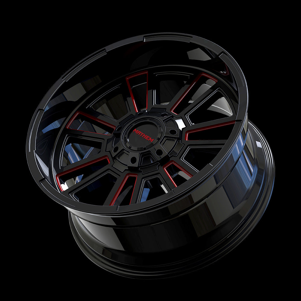 20x9 Mayhem 8115 Apollo Black Milled Red 5x127 5x139.7 5x5 5x5.5 ET0 Wheel