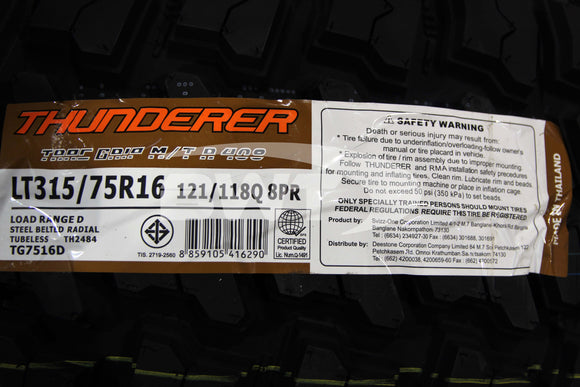 Thunderer Trac Grip M/T Tire LT315/75R16 125Q BSW D 3157516 315 75 16