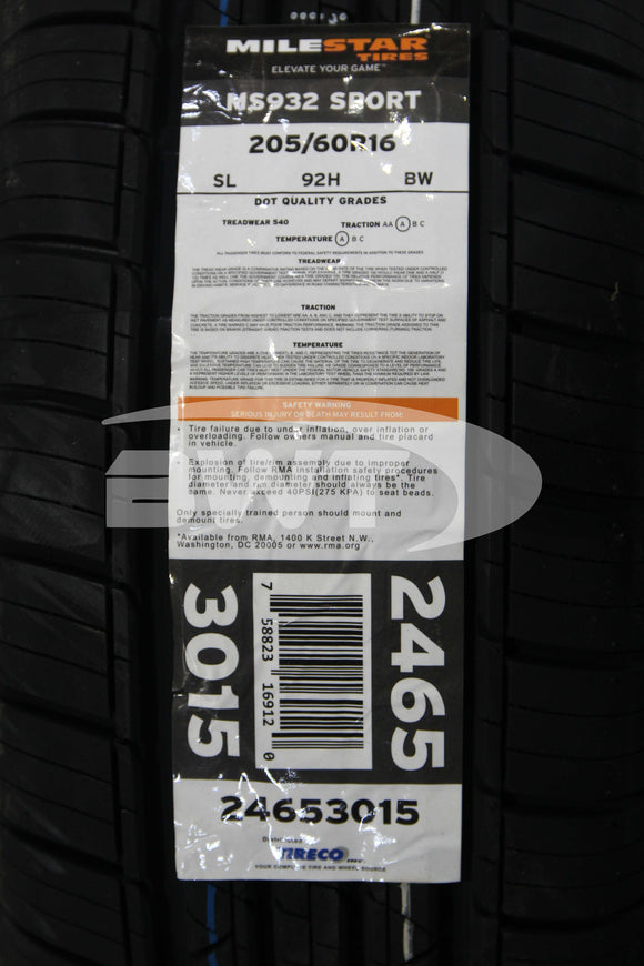 205/60R16 Milestar MS932 Sport 92H BSW B 205 60 16 2056016