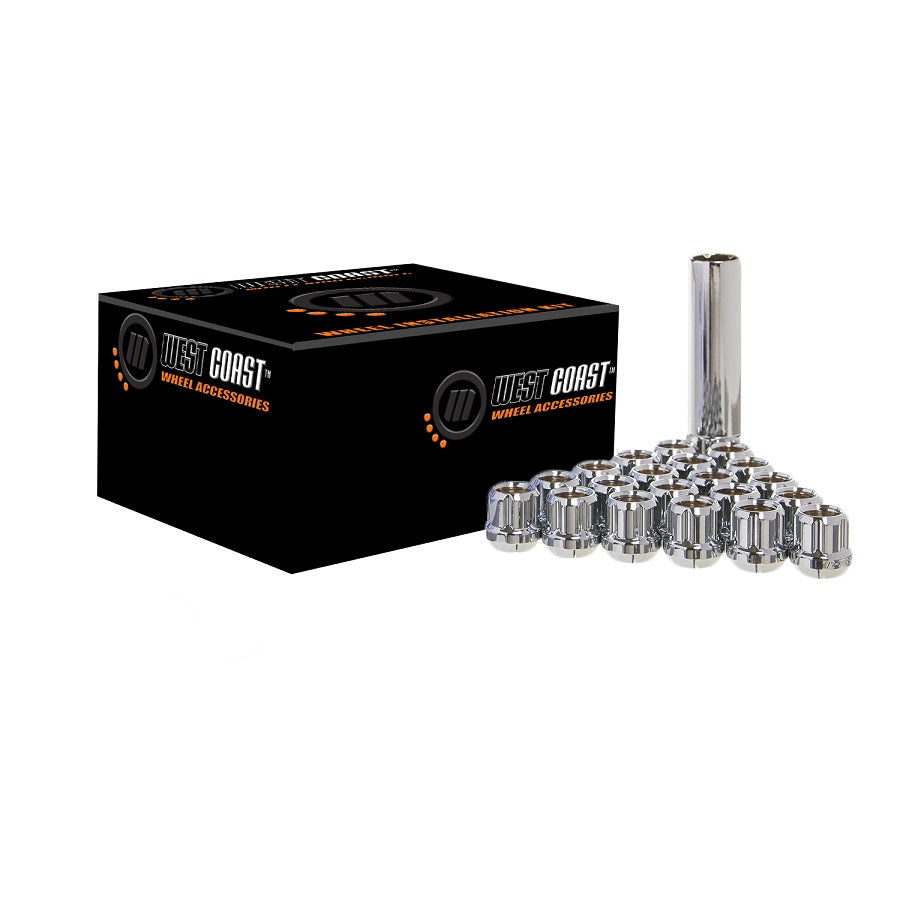 14X1.5 Open Bulge Acorn Spline Lug Nuts 0.85" 24 Piece Install Kit Chrome