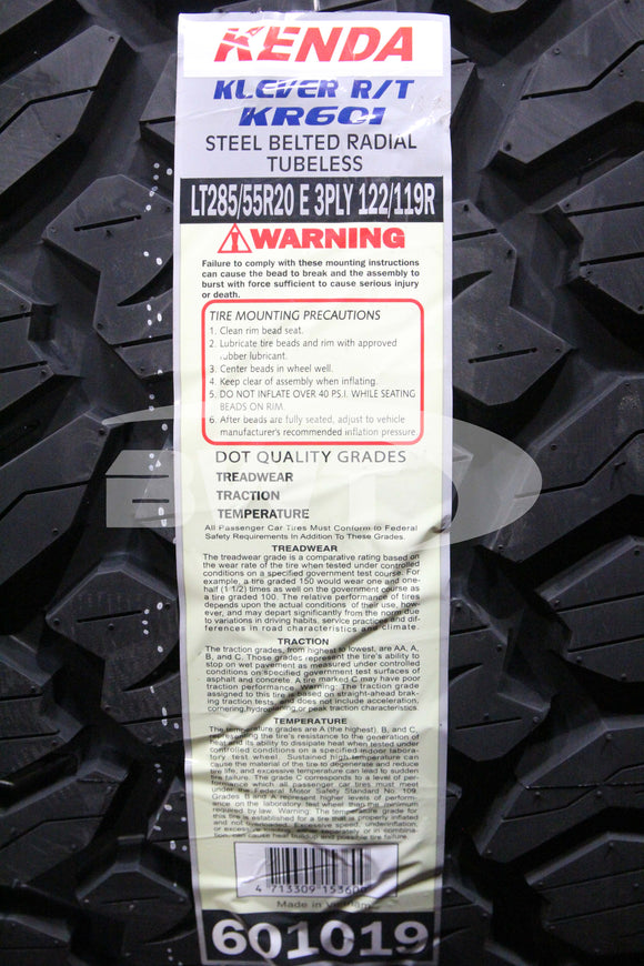 Kenda Klever R/T KR601 Tire(s) 285/55R17 LRE BSW 122R 2855517