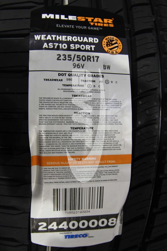 235/50R17 Milestar Weatherguard AS710 Sport 96V BSW SL 235 50 17 2355017
