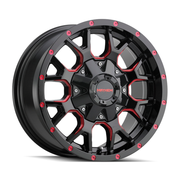 17x9 Mayhem Warrior Black W/Prism Red 5x127/139.7 ET-12 wheel/rim