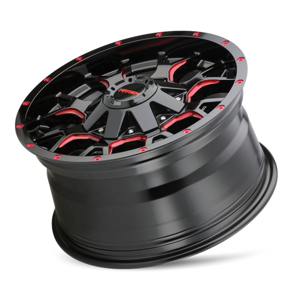 17x9 Mayhem Warrior Black W/Prism Red 5x127/139.7 ET18 wheel/rim