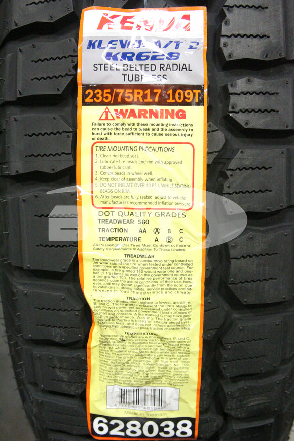 235/75R17 Kenda Klever AT2 KR628 109T RBL SL 235 75 17 2357517