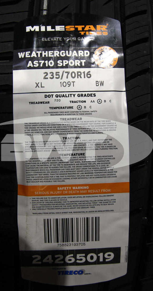 235/70R16 Milestar Weatherguard AS710 Sport 109T BSW XL 235 70 16 2357016