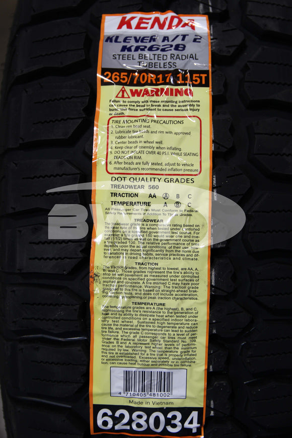 265/70R17 Kenda Klever AT2 KR628 115T BSW SL 265 70 17 2657017