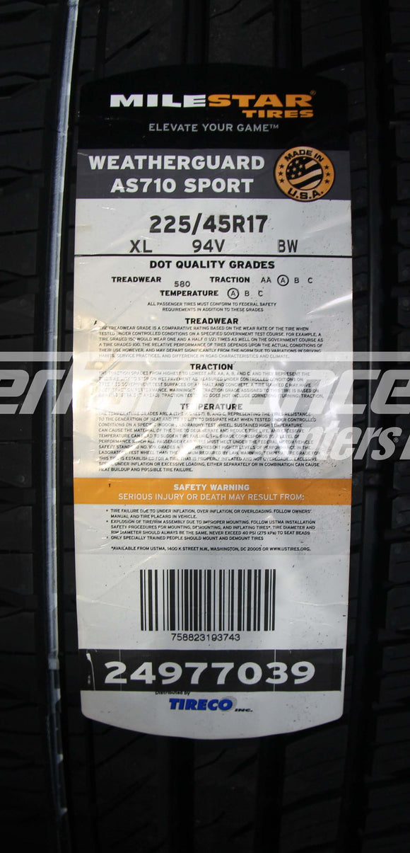 225/45R17 Milestar Weatherguard AS710 Sport 94V BSW XL 225 45 17 2254517