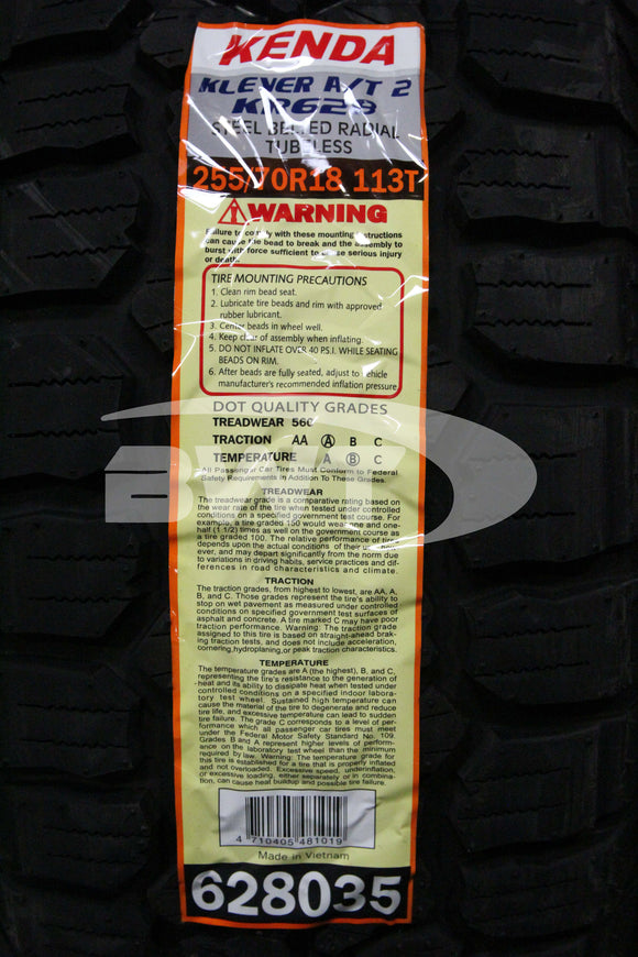 255/70R18 Kenda Klever AT2 KR628 113T RBL SL 255 70 18 2557018