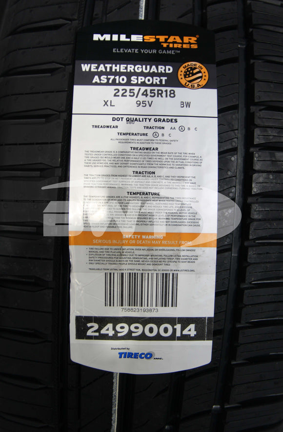 225/45R18 Milestar Weatherguard AS710 Sport 95V BSW XL 225 45 18 2254518