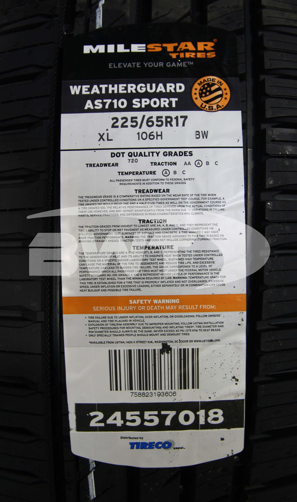 225/65R17 Milestar Weatherguard AS710 Sport 106H BSW XL 225 65 17 2256517